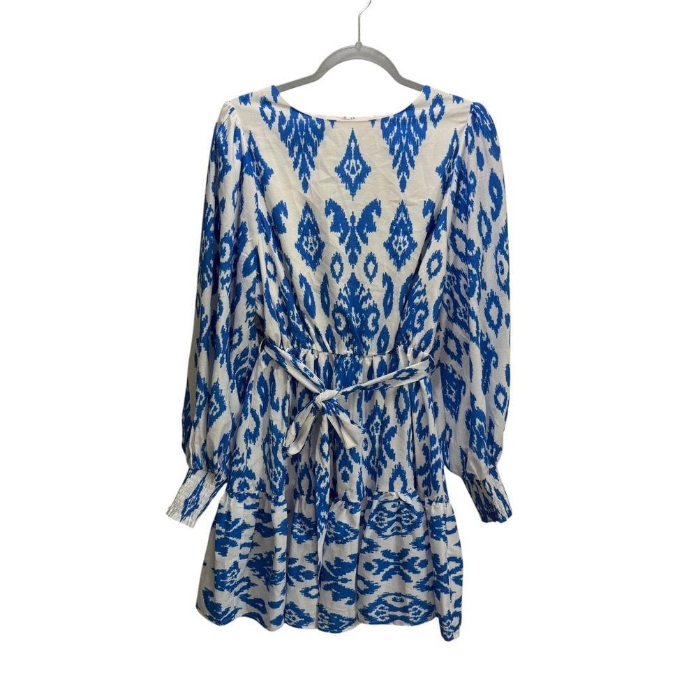 Flying Tomato Blue White Ikat Damask Print Long Sleeve Tiered Boho Mini Dress L